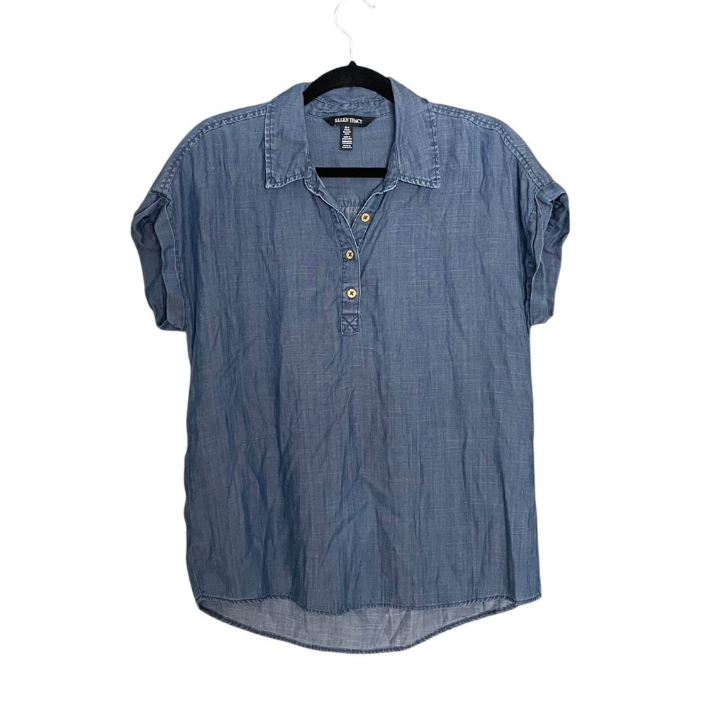 ELLEN TRACY Chambray Oversized Short Sleeve Popover Blouse Blue M